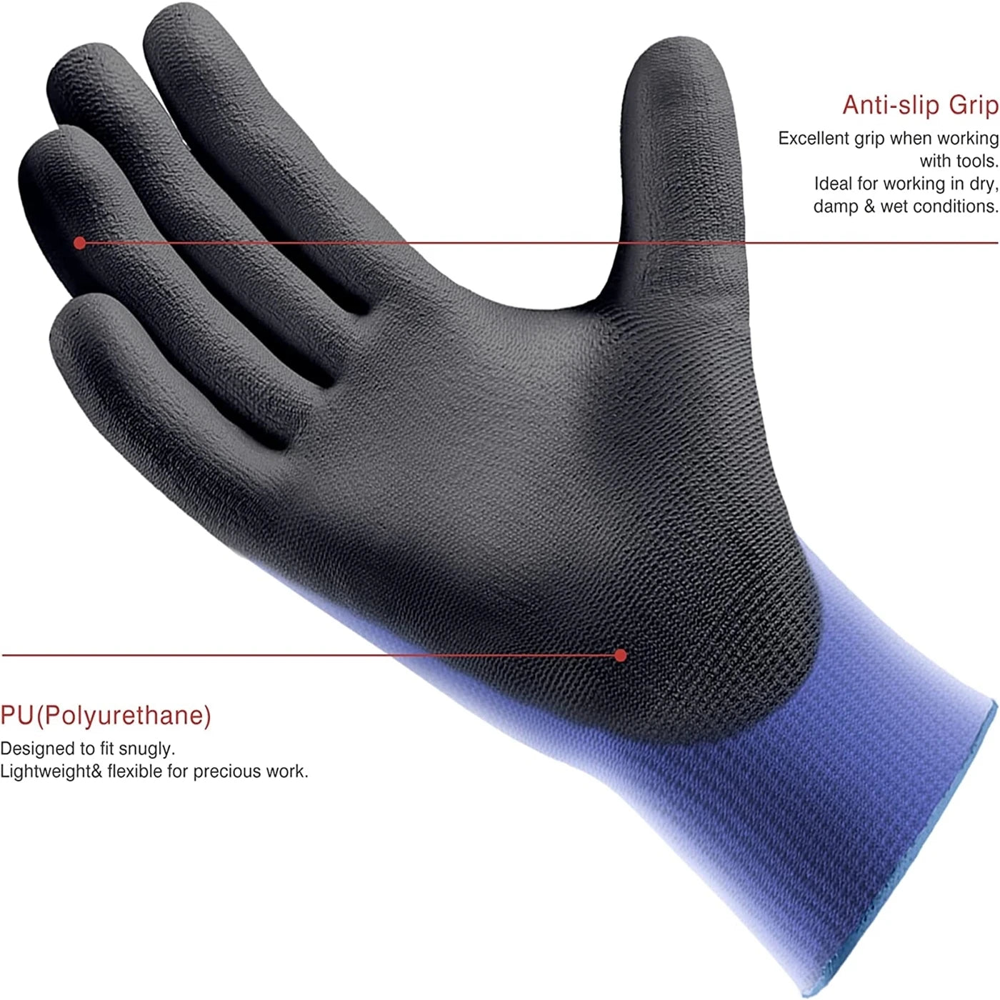 3 paires de gants de travail de sécurité ultra-fins en nylon avec revêtement PU