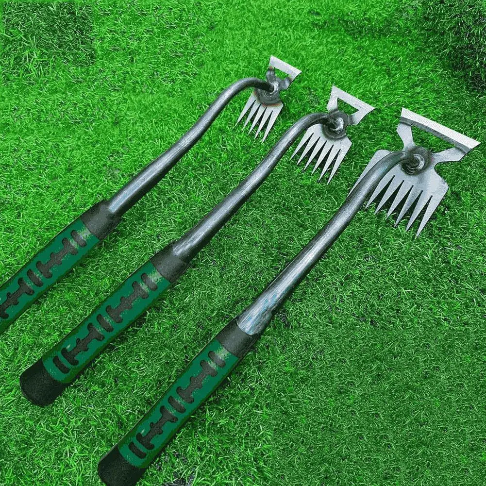 Râteau de jardin manuel 2 en 1 et arrache-racines avec plusieurs options de dents